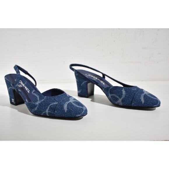 Chanel 23B Coco Sling Dark Blue Denim White CC Logo Slingback Block Heel 36.5 - Picture 5 of 12